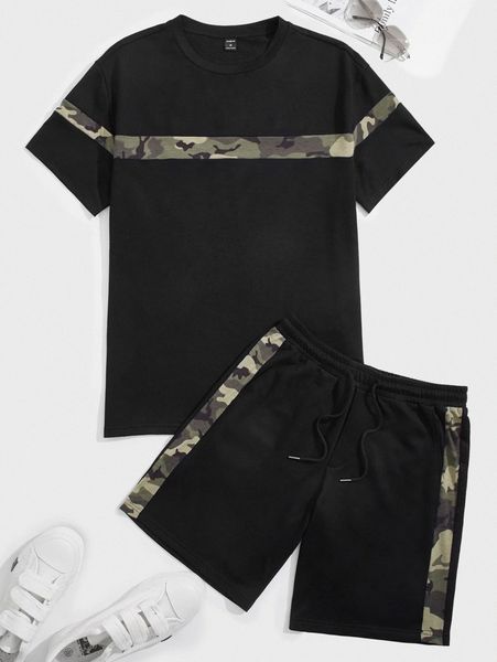 

men contrast camo panel tee & drawstring waist shorts w78y#, Gray
