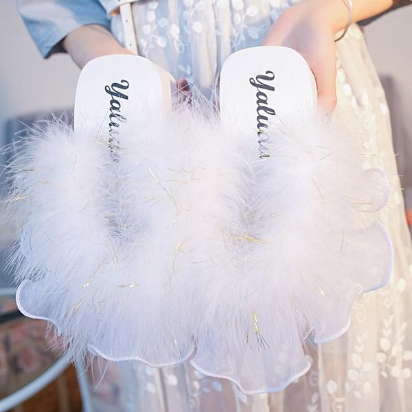 

fur flip flops women sweet thick platform wedges sandals ostrich feathers slippers 2021 summer platform thongs beach slippers, Black