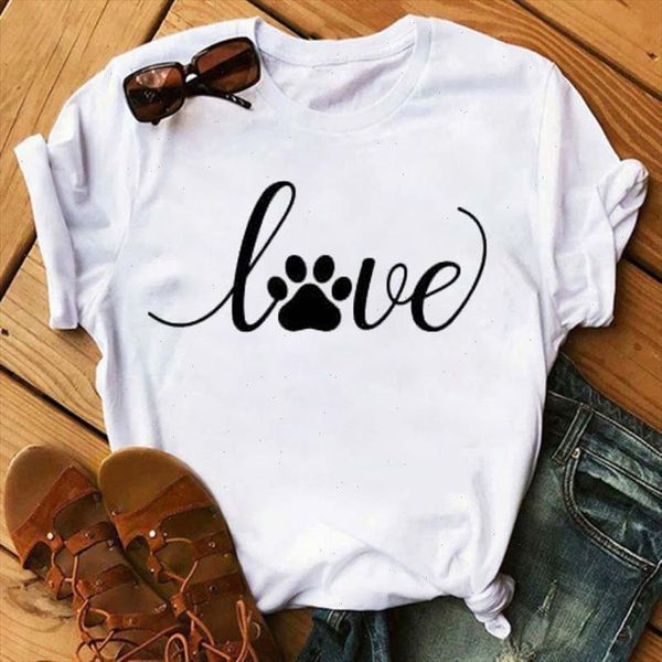 

funny love dog paw print t shirts women fashion kawaii white round neck shirts loose plus size tees mujer camisetas