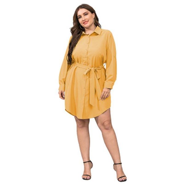 

ladies solid color dress fashion trend long sleeve button lapel shirt short skirt designer female autumn belt loose casual plus size dress, Black;gray