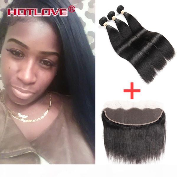 

india 3 bundle deal straight weaves with lace frontal closure part 13*4 inch indian virgin human ove hair, Black;brown
