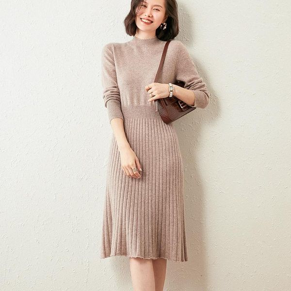 

ladies dress 100% pure goat cashmere knitting dresses winter new fashion grade 6colors oneck women dress1, Black;gray