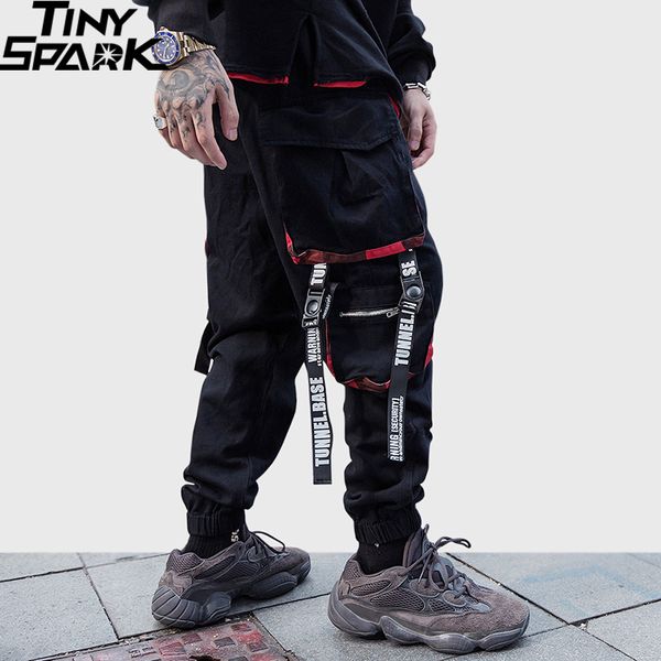 

men hip hop cargo pants streetwear harajuku joggers tactical zipper pockets hiphop swag ribbon harem track trousers kg-442, Black