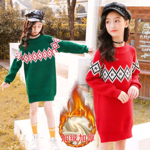 

2019 clothing in of autumn winter girl's leisure diamond pattern length sweater medium and large children's plush 8bsrc0mo, Blue