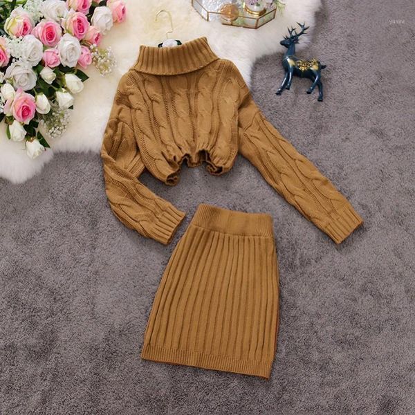 

korean fashion knitted suits winter turtleneck long sleeve crop sweaters and bandage slim mini skirts two piece set1, Gray