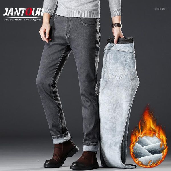 

men's jeans jantour 2021 autumn and winter mens thicken fleece business casual denim for straight stretch pants male gray1, Blue
