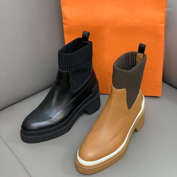 

boots shoes women winter mid calf genuine leather stretch fabric med heels round toe zapatos de mujer1, Black