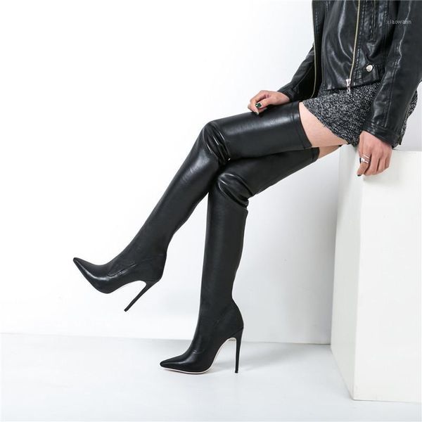 

2020 new flock leather women over the knee boots lace up high heels autumn woman shoes winter women boots size 34-431, Black