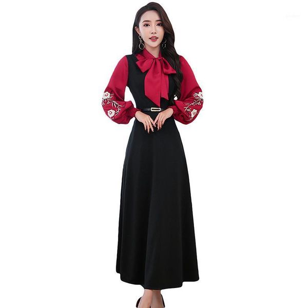 

women dress sets 2019 new fashion embroidered lantern sleeve bow tide shirt +v-neck slim long dress 2 pieces femme chic set j1511, White