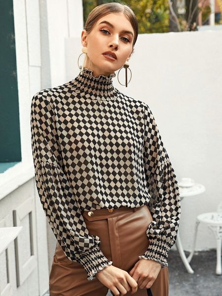 

frill shirred high neck checkerboard blouse o5dn#, White