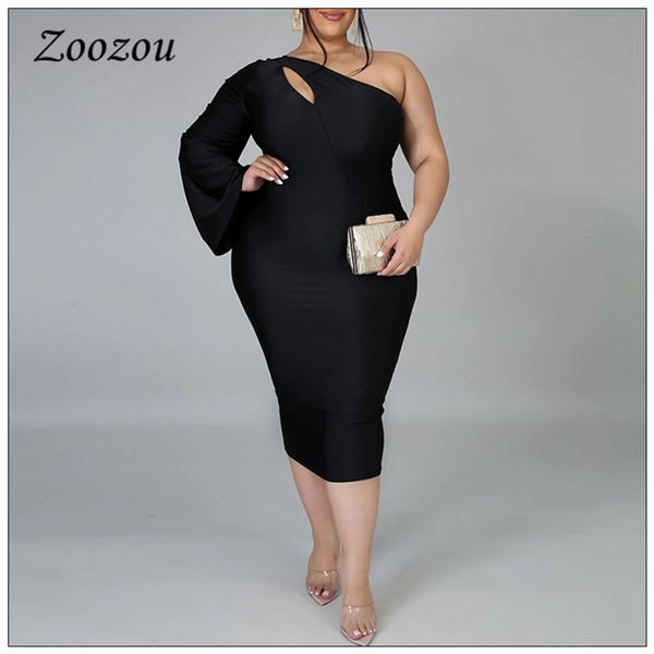 

one shoulder hollow out long sleeve women dress autumn skinny formal party dress plus size 4xl elegant slim midi dress custom, Black;gray