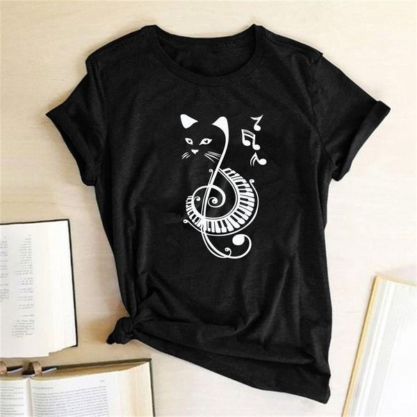 

black cat printed music funny kawaii t shirt women harajuku short sleeve women summer graphic tee shirt women 2020 t shirt, White
