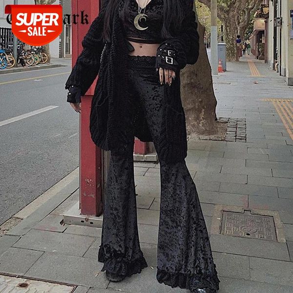 

goth dark velvet gothic lace patchwork flare pants romantic goth vintage grunge skinny women trousers high waist streetwear emo #jg6i, Black;white