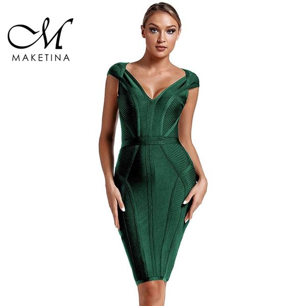 

maketina new summer bandage dress women v neck green bandage dress striped bodycon evening party bandage dress lj200812, Black;gray