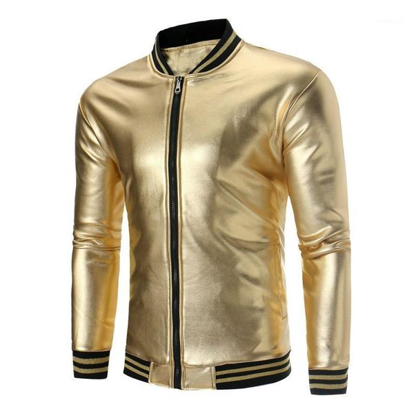 

mens jacket new arrival men's fashion gold bomber jacket coat nightclub shiny hip hop casual overcoat slim baseball male1, Black;brown