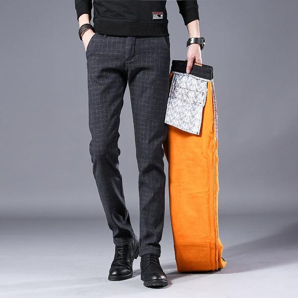 

men's pants 2021 winter classic super warm thick trousers fleece male long business men, Black