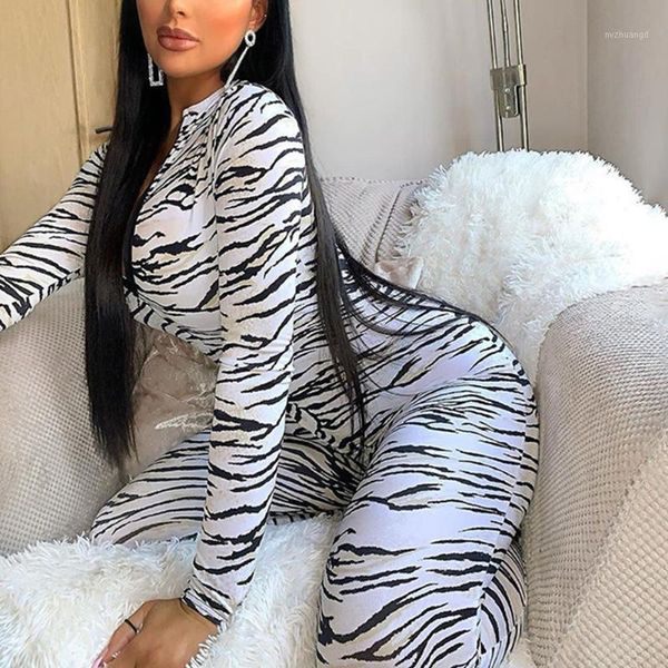 

white tiger skin print jumpsuits women zipper bodycon autumn long sleeve mock neck wild girl jumpsuit clothes1, Black;white
