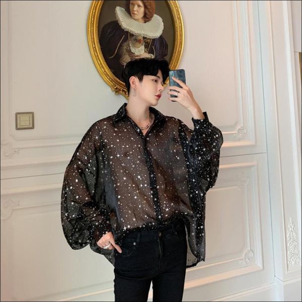 

men's casual shirts 2021 summer personality perspective tide brand shirt star loose long sleeve hairstylist nightclub singer, White;black