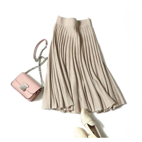 

skirts women's casual high waist cozy quality 100% cashmere pleat skirt, Black
