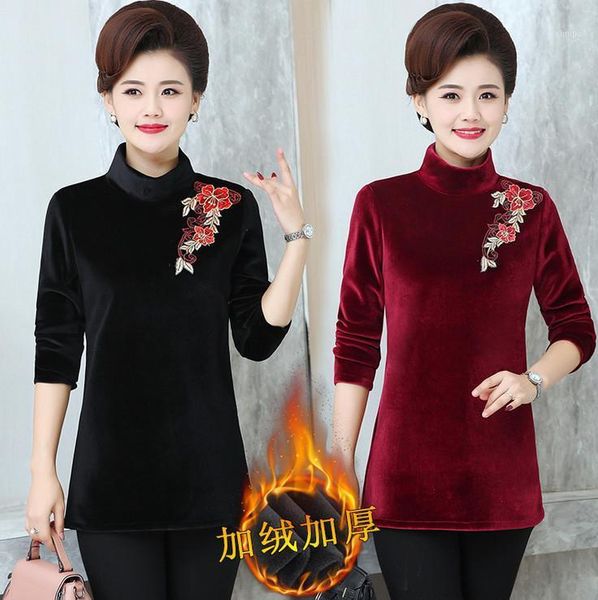 

turtleneck pullovers velvet warm women long sleeve t-shirts winter bottom shirt middle age mother 1, White