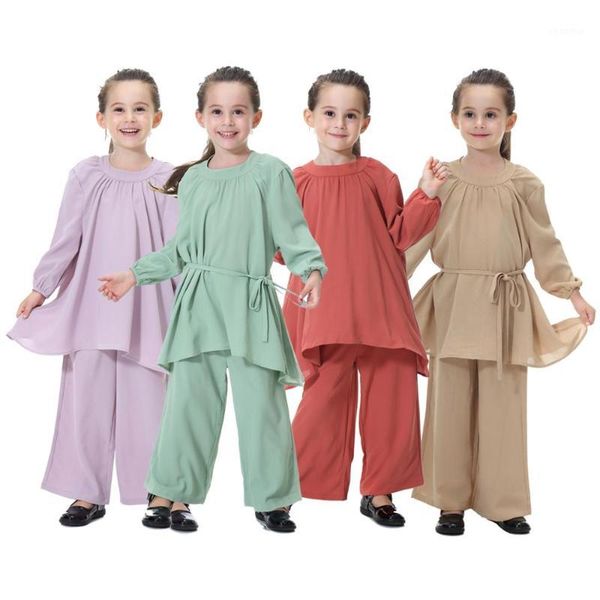 

2019 cute islamic clothing kids 2 pieces set muslim blouses abaya with pants girls long sleeve shirt arab dubai turkey suits1, Red