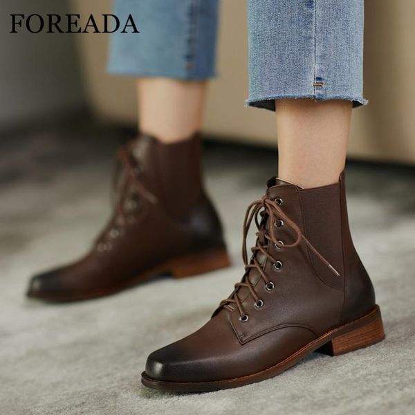

boots foreada natural genuine leather ankle med heel woman thick shoes lace up ladies short autumn winter 33-40, Black