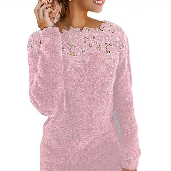 

nibesser 2020 new womens autumn winter long sleeved lace sweater solid o neck knitted sweater women large size pullovers, White;black