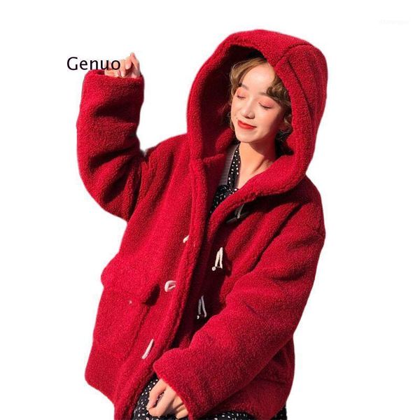 

winter warm fleece coat jacket women elegant faux fur loose hoodie overcoat soft fur horn buckle outwear female plush coat1, Tan;black