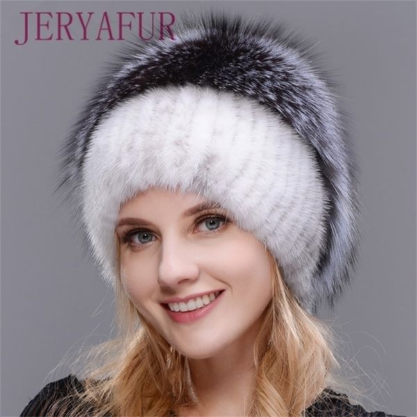 

women new winter cap hooded head genuine mink and silver fox floral design fur fashion hat y201024, Blue;gray