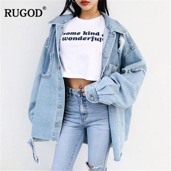 

rugod korean loose jean jacket for women fashion ripped long sleeve oversized denim streetwear boyfriend clothing 2020 new1, Black;brown