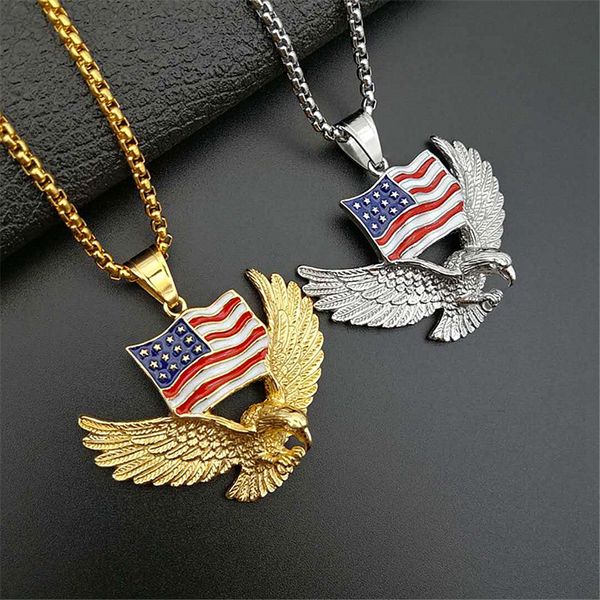 

american flag eagle necklace statement jewelry gold color stainless steel hawk animal charm pendant & chain for men 201013, Silver