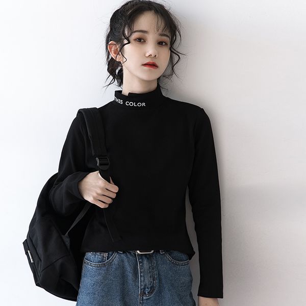 

autumn 2021 and winter new card high retro-style port in black long female shirt 1job, White