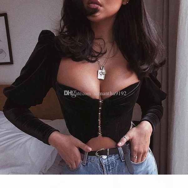 

square collar fashion hooks women and blouses shirts crop cropped shirts velvet puff sleeve short clothes, White