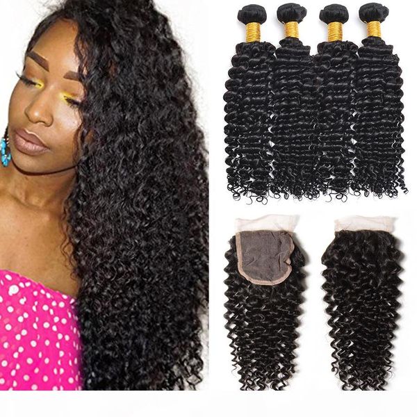 

hair closure with 4 bundles kinky curly hair extensions malaysian virgin human hair weaves lace closure (4x4) natural color wefts 7a, Black;brown