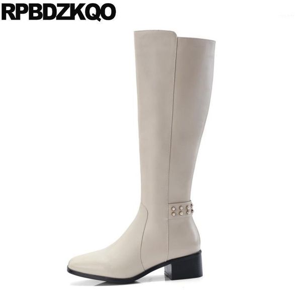 

fall round toe pearl knee high block european chunky quality shoes women autumn beige long boots tall winter fur1, Black