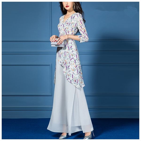 

summer 2020 new set women's fashion small fragrance light cooked foreign style two piece chiffon wide leg suit wide leg pants suit pant, Gray