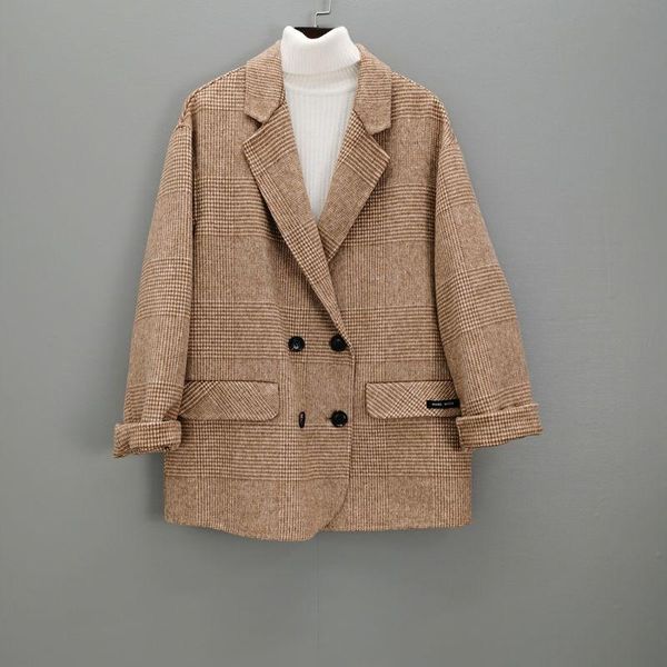 

women's trench coats women wool blazer british small suit woolen coat spring and autumn short fashion single button plaid jacket, Tan;black
