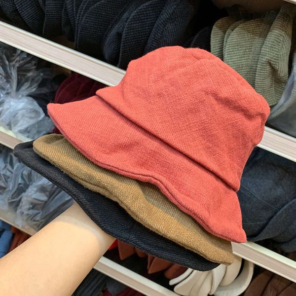 

korean basin double layer version pure color men's women's lovers cotton hemp fisherman's hat autumn and winter, Blue;gray