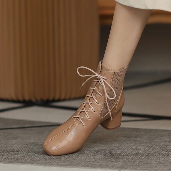 

ymechic 2020 fashion knitting ankle lace up boots female black yellow high heel boots biker motorcycle plus size booties