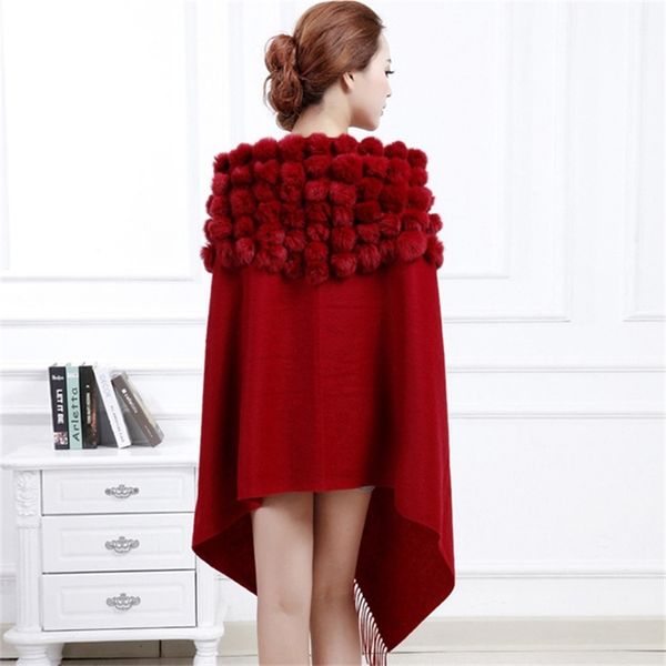 

winter women real shawls black new 100% wool cashmere pashmina rabbit fur pompom shawl scarf autumn warm cape muffler y201007, Blue;gray