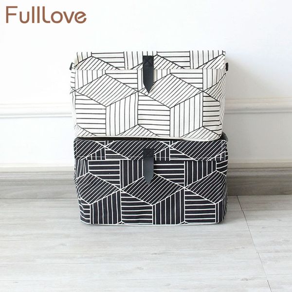 FullLove Geometric Brinquedos De Armazenamento Cesta De Linho Algodão Preto Branco Com Capa De Armazenamento Caixa de Armazenamento Papelaria Livros Organizador LJ201204