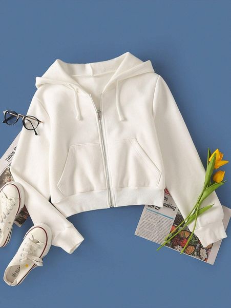 

pocket front zip up drawstring crop hoodie w81p#, White;black