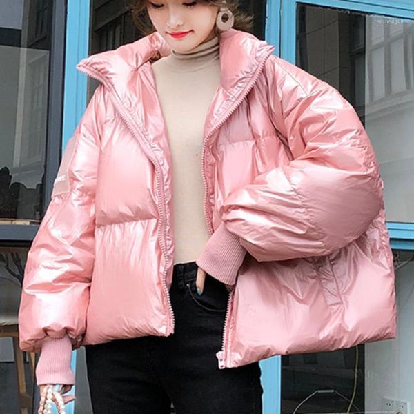 

fashion tide autumn and winter new casual fashion temperament women loose plus solid color bright no hat short down jacket tc7121, Black