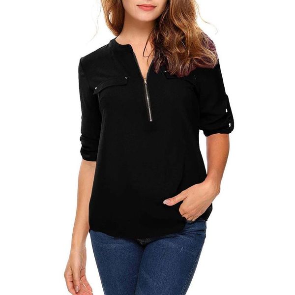 

summer women cool loose shirt deep v neck chiffon blouse casual ladies zipper pullover plus size long sleeve fashion, White