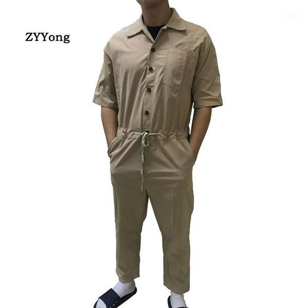 

summer lapel short sleeve men's jumpsuit loose hip-hop style streetwear overalls trousers casual comfortable khaki black pants1