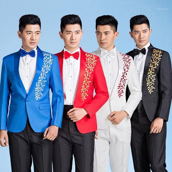 

new man dress groom wedding suit mens singer host masterpiece performance clothing studio p latest coat pant designs blue1, White;black