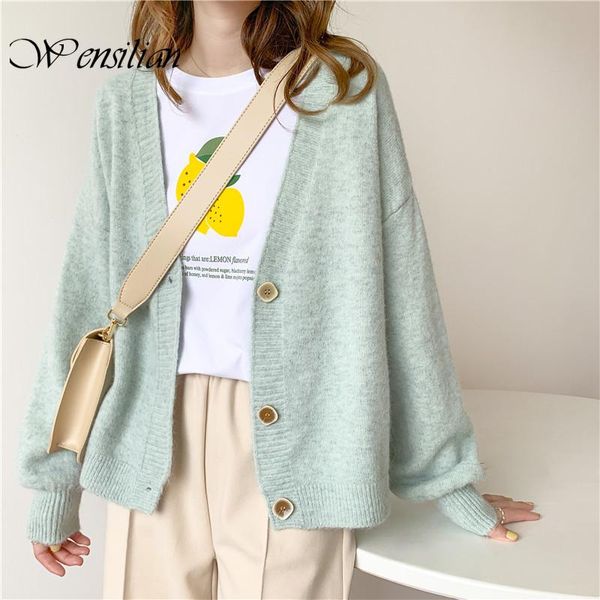 

knit cardigans winter women sweater v neck chic oversize outwear sweater coat puff sleeve cardigan women suete mujer 2021, White