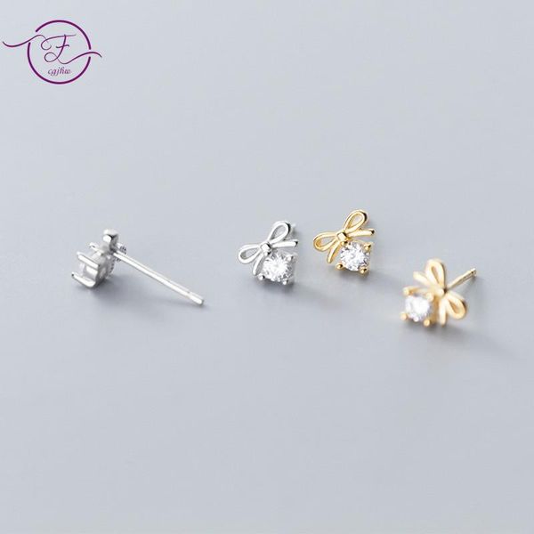

100% 925 sterling silver stud earrings smooth bowknot zircon fashion ear jewelry luxury temperament earrings for women, Golden;silver