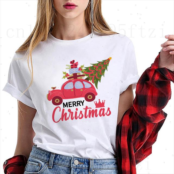

happy new year christmas santa claus girls fashion t shirt women short sleeve harajuku ullzang cartoon car print tee shirt, White
