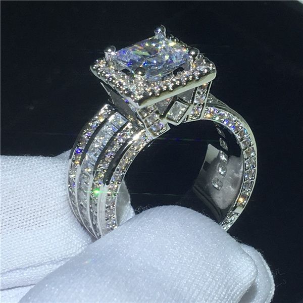 Zircon Único Anel 925 Sterling Prata Sparkling Princesa Corte Menina Festa de Aniversário Chirstmas Eternidade Mulheres Casamento Presente Nupcial Jóias R012